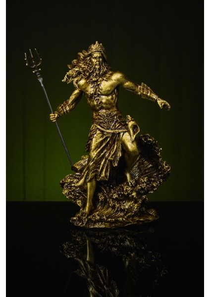 Özel Tasarım Antik Yunan Deniz Tanrısı Poseidon Orta Boy Gold / Bronz Heykel Biblo