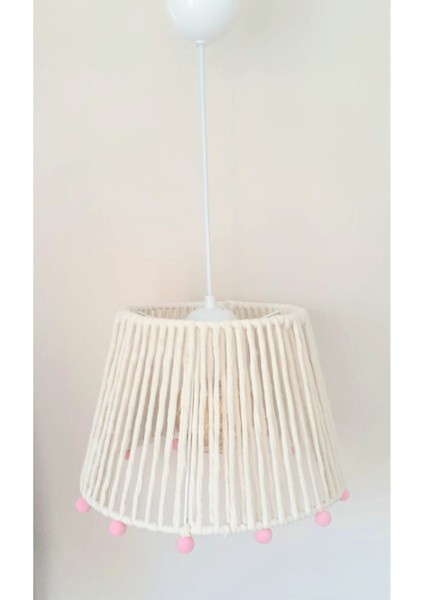 Ekru Makrome İp Sargılı Şeker Pembe Ponponlu Çocuk Odası Sarkıt Avize