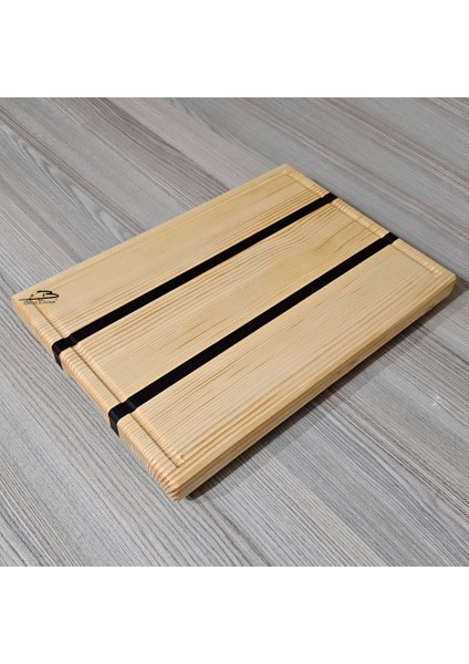 Basicdual Iki Renk Doğal Ahşap Kesme Tahtası Sunum Et Kesme Çam-Abanoz Ağacı(Orta) El Yapımı