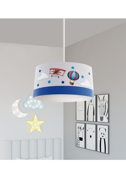 Renkli uçak ve balon desenli çocuk odası avizesi, kumaş materyal, 20x30 boyut