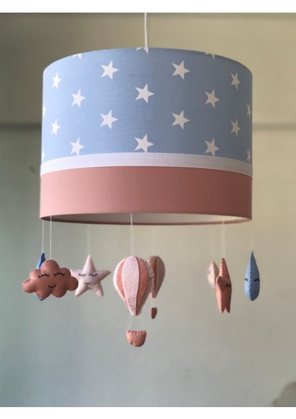 Tekno Trust Mavi Yıldız Desenli Koyu Pudra Renkli Yıldız Damla Uçan Balon Bulut Figürlü Bebek Odası Avize