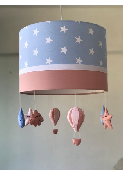Tekno Trust Mavi Yıldız Desenli Koyu Pudra Renkli Yıldız Damla Uçan Balon Bulut Figürlü Bebek Odası Avize