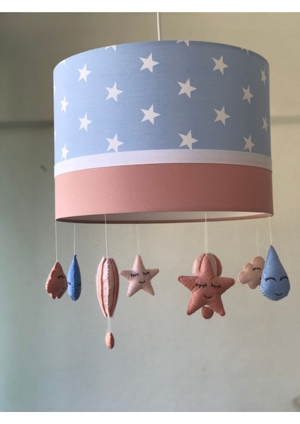Tekno Trust Mavi Yıldız Desenli Koyu Pudra Renkli Yıldız Damla Uçan Balon Bulut Figürlü Bebek Odası Avize