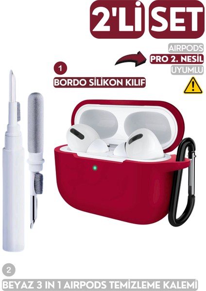 2'li Set - Pro 2. Nesil Uyumlu Silikon Kulaklık Kılıfı ve 3'ü 1 Arada Kulaklık Temizleme Kalemi