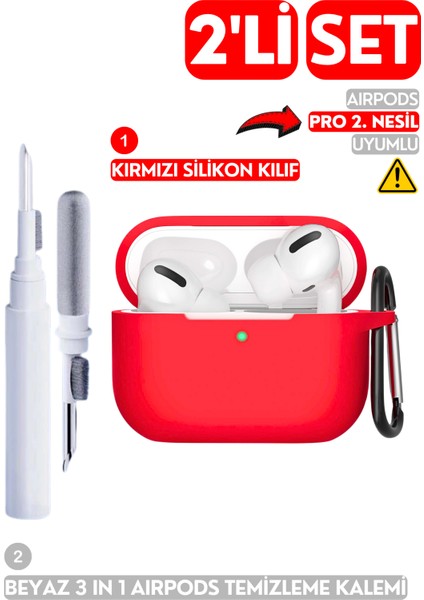 2'li Set - Pro 2. Nesil Uyumlu Silikon Kulaklık Kılıfı ve 3'ü 1 Arada Kulaklık Temizleme Kalemi