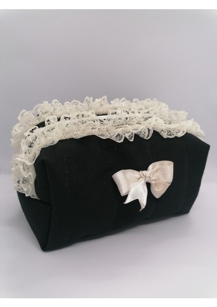 Siyah Dantelli Kurdeleli Çok Amaçlı Fermuarlı Siyah Makyaj Çantası 20*11*12 cm