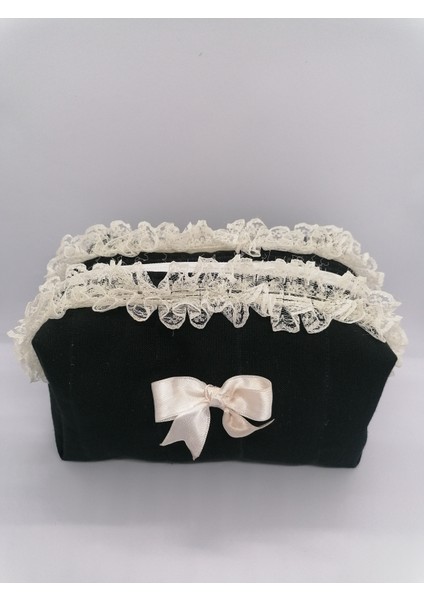 Siyah Dantelli Kurdeleli Çok Amaçlı Fermuarlı Siyah Makyaj Çantası 20*11*12 cm