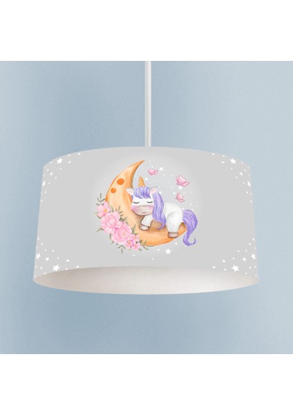 Renkli unicorn desenli gri avize, 20x30 cm, kumaş malzeme, tek başlık, şık ve canlı tasarım