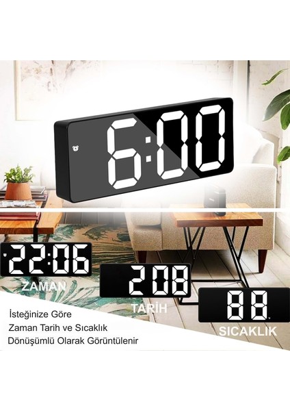 LED Ekran USB Güç Dijital Aynalı Masa Saati Sıcaklık Alarm Takvim