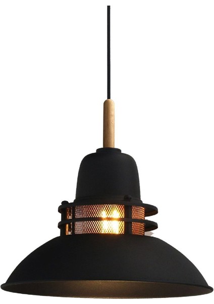 Siyah metal sarkıt avize, ahşap detaylı, 34x48 cm, modern ve şık tasarım