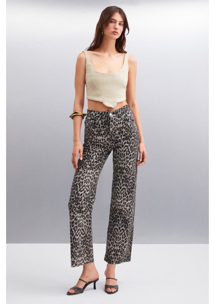 Vılma Kadın %100 Pamuk Leopar Desenli Jeans