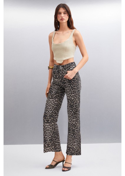 Vılma Kadın %100 Pamuk Leopar Desenli Jeans