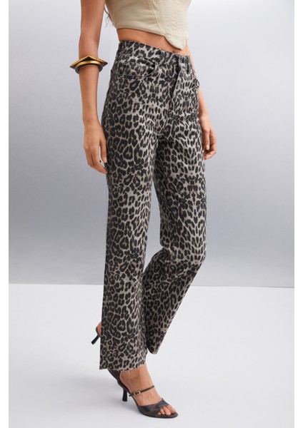 Vılma Kadın %100 Pamuk Leopar Desenli Jeans