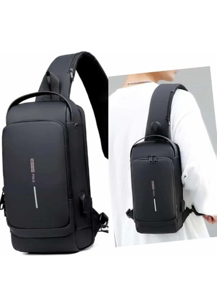 Unisex Siyah Suya Dayanıklı Suni Deri USB Çıkışlı Çapraz Omuz ve Göğüs Çantası fiyatları