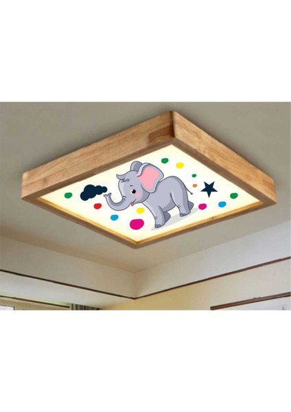Ahşap Tavan Led Avize 60x60cm, Beyaz, 6500K, Kids Fil, 1 Başlık