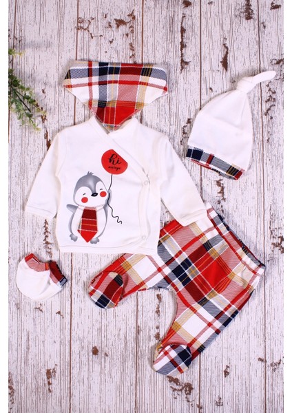 Ekoseli Penguen Desenli Fularlı 5'li Erkek Hastane Çıkışı