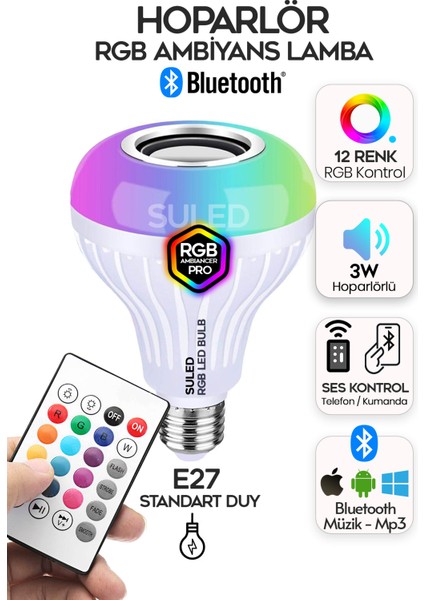 Hoparlörlü Bluetooth LED Ampül Rgb Ambiyans Aydınlatmalı Ios ve Android Uyumlu LED Işık