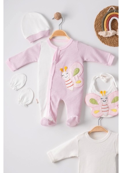 Kelebek Nakışlı Puanlı Tulumlu Pamuk Kız Bebek 5'li Set fiyatları