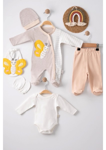 Kelebek Nakışlı Tulumlu Pamuk Erkek Bebek 5'li Set
