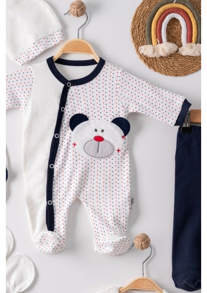 Puanlı Ayıcık Nakışlı Tulumlu Pamuk Erkek Bebek 5'li Set modelleri