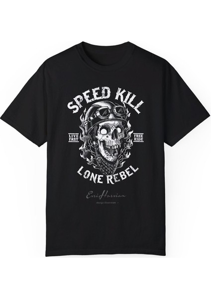 Erkek Motorcu Kurukafa Baskılı Siyah Oversize T-Shirt