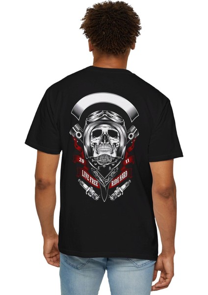Erkek Motorcu Kurukafa Baskılı Siyah Oversize T-Shirt fiyatları