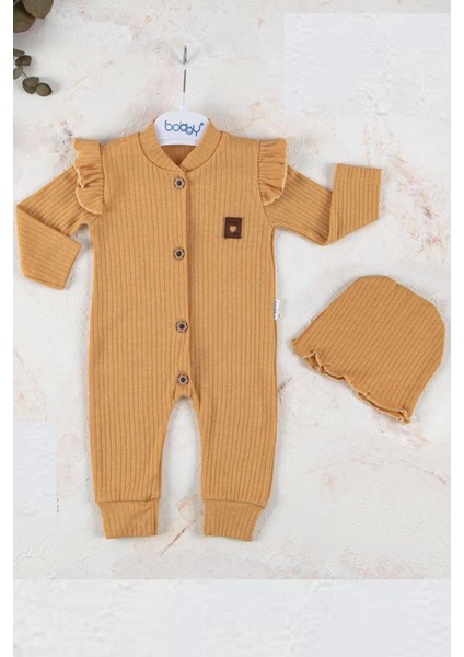 Boydan Düğmeli Şapkalı % 100 Pamuk Kız Bebek Tulumu