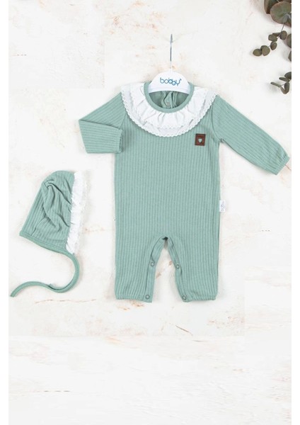 Brode Nakışlı Şapkalı % 100 Pamuk Kız Bebek Tulumu