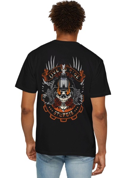 Erkek Motorcu Kurukafa Baskılı Siyah Oversize T-Shirt