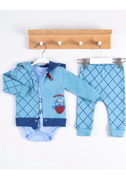 Cep Desenli Kapişonlu Pamuk Hırkalı 3'lü Erkek Takım