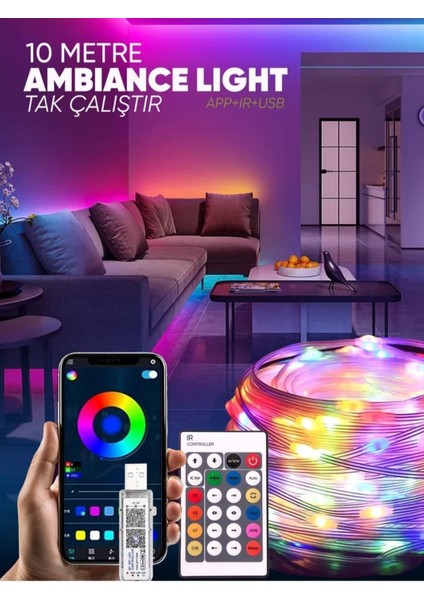 10 Metre Rgb Ses Kontrollü Kumandalı Telefon Kontrollü Kayar Magic LED Müzik Rgb Şerit Su Geçirmez