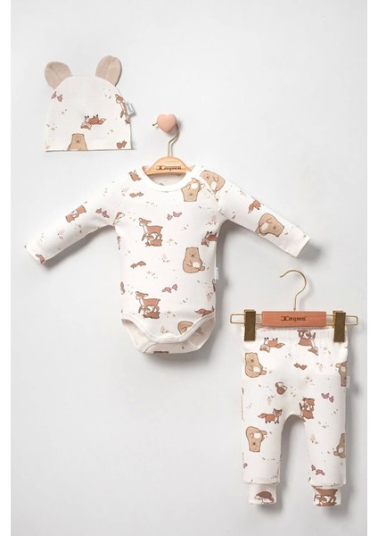 Karaca Desenli Pamuk 3'lü Şapkalı Erkek Bebek Takım