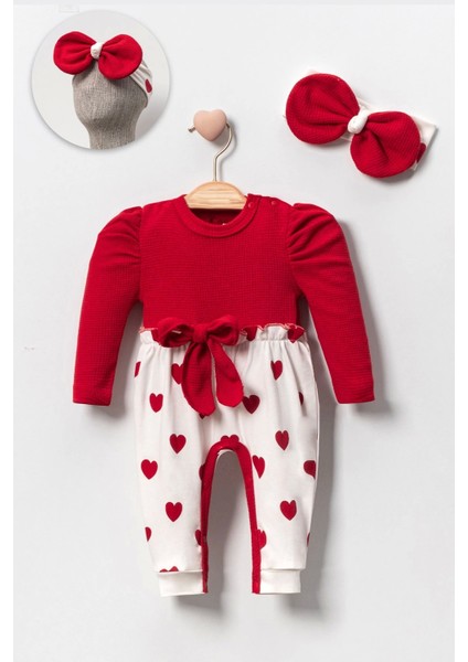 Kız Bebek Kalp Desenli Waffle Bandanalı 2'li Tulum fiyatları