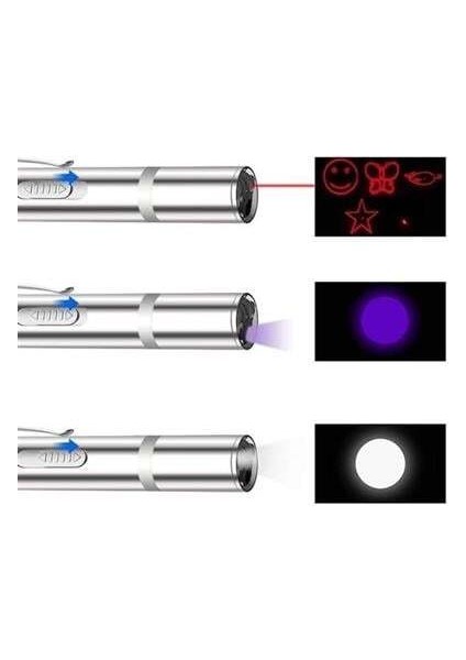 USB Ile Şarj Edilebilen 3ın 1 Kırmızı Işık +Beyaz LED Meşale Işık + Uv El Feneri Kedi Lazeri