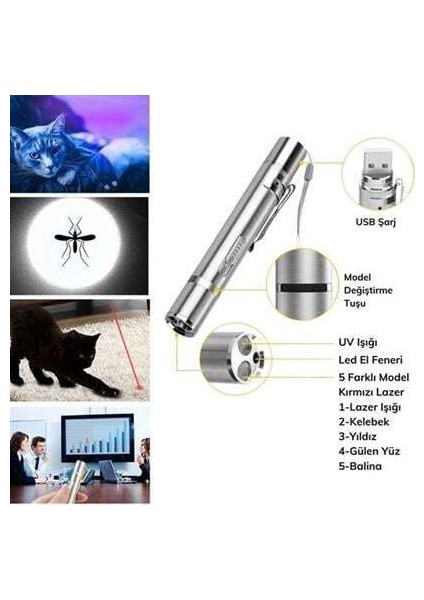 USB Ile Şarj Edilebilen 3ın 1 Kırmızı Işık +Beyaz LED Meşale Işık + Uv El Feneri Kedi Lazeri