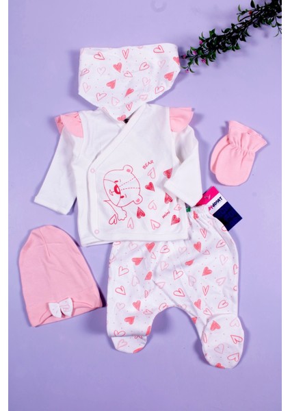 Kalp Desenli 5'li Kız Bebek Hastane Çıkış Seti