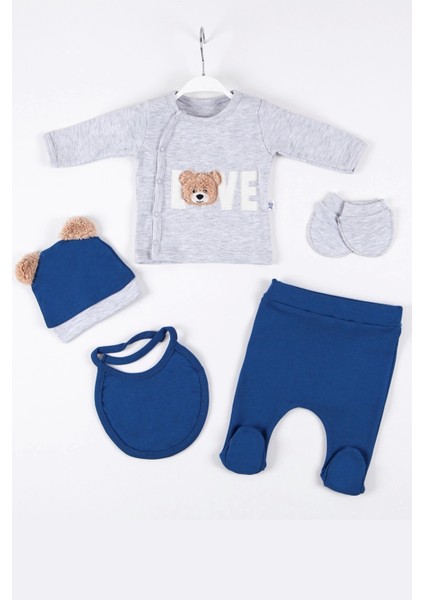 Love Bear Nakışlı 5'li Pamuk Erkek Bebek Hastane Çıkış Seti