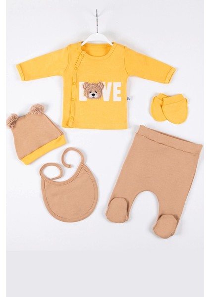 Love Bear Nakışlı 5'li Pamuk Erkek Bebek Hastane Çıkış Seti