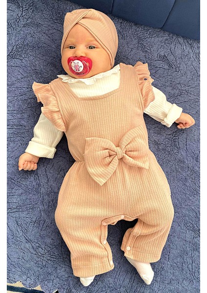 Dantel Yaka Detaylı Fiyonklu 2'li Kız Bebek Salopet Tulum