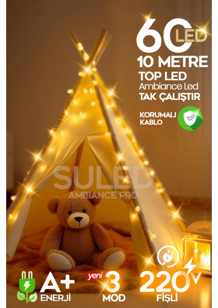 Topled Pro 10 Metre 60 LED Gün Işığı 220V Fişli 3 Modlu LED Işık Iç ve Dış Mekan Dekoratif Süsleme