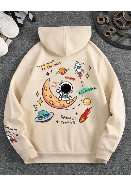 Oversize Unisex From Moom Baskılı Bej Kapüşonlu Sweatshirt