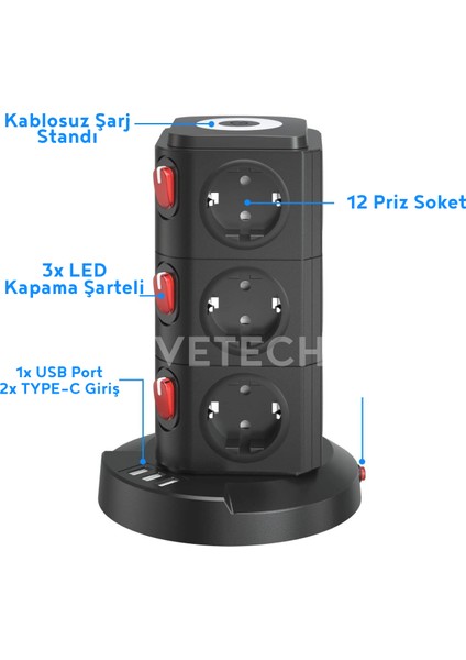 Akım Korumalı Priz Kablosuz Şarj Istasyonu 12X Priz / 1x USB / 2x Type-C Girişli 1.8mt Kablo