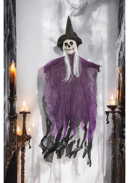 Cadılar Bayramı Şapkalı Iskelet Asılabilir Halloween Parti Dekoru Mor