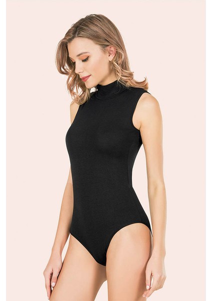 Boğazlı Japone Kol Likralı Çıtçıtlı Kadın Siyah Body Atlet