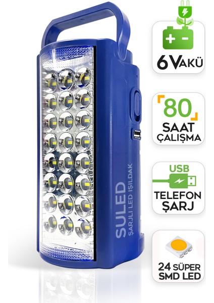 Kamp Lambası USB Şarj Çıkışlı 6V Akülü 80 Saat - 3gün Aydınlatma 24 Smd LED Işıldak Lamba 220V Şarj