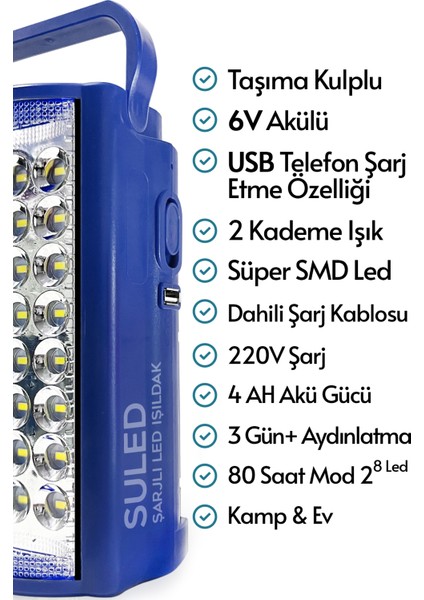 Kamp Lambası USB Şarj Çıkışlı 6V Akülü 80 Saat - 3gün Aydınlatma 24 Smd LED Işıldak Lamba 220V Şarj