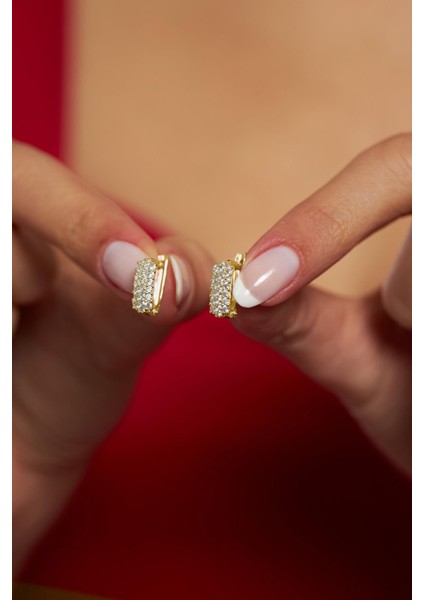 Zirkon Taşlı Gold J Klips Minimal Gümüş Küpe