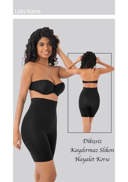 Ekstra Yüksek Bel S-M-L-XL-2XL-3XL Beden Silikon Kadın Göbek Basen Toparlayıcı Dikişsiz Korse Siyah
