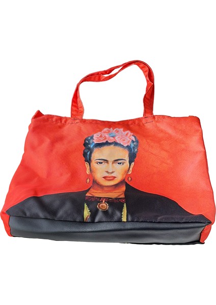 Kırmızı Frida Baskılı Plaj Çantası