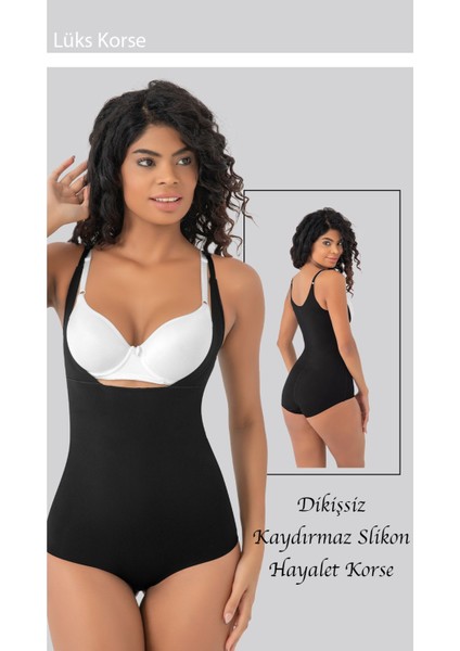 Göğüs Destekli S-M-L-XL-2XL-3XL Beden Seamless Lazer Kesim Toparlayıcı Askılı Kadın Korse Siyah